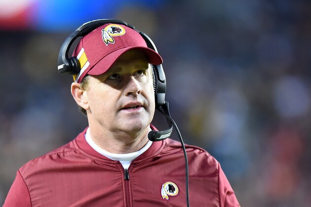 LANDOVER, MD - DECEMBER 30: Head coach Jay Gruden of the Washington Redskins looks on during the first half against the Philadelphia Eagles at FedExField on December 30, 2018 in Landover, Maryland. (Photo by Will Newton/Getty Images)