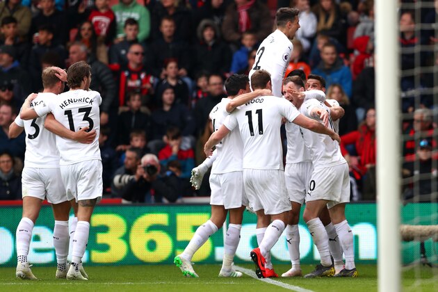 BOURNEMOUTH, ENGLAND - APRIL 06:  Ashley Barnes of Burnley celebrates after scoring his team's third goal with his team mates during the Premier League match between AFC Bournemouth and Burnley FC at Vitality Stadium on April 06, 2019 in Bournemouth, United Kingdom. (Photo by Dan Istitene/Getty Images)