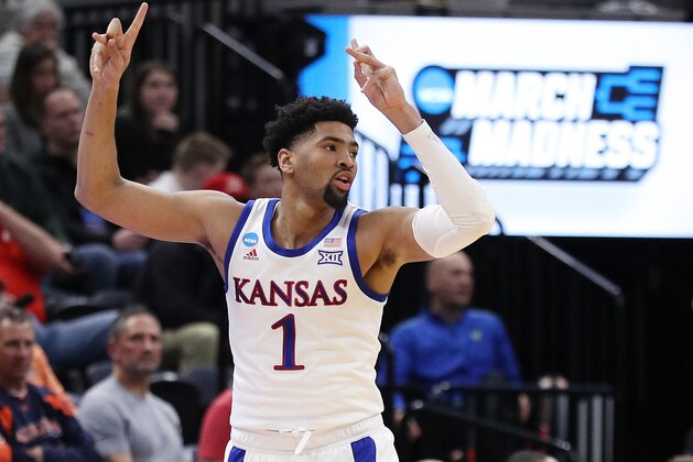 SALT LAKE CITY, UTAH - MARCH 21: Dedric Lawson #1 of the Kansas Jayhawks reacts during the first half against the Northeastern Huskies in the first round of the 2019 NCAA Men's Basketball Tournament at Vivint Smart Home Arena on March 21, 2019 in Salt Lake City, Utah. (Photo by Patrick Smith/Getty Images)