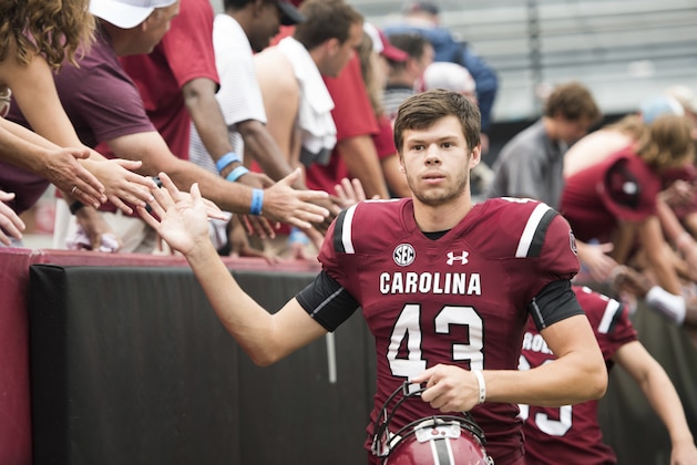 South Carolina place kicker Parker White (43) celebrates with fans after an NCAA college football game against Missouri Saturday, Oct. 6, 2018, in Columbia, S.C. South Carolina defeated Missouri 37-35. (AP Photo/Sean Rayford)