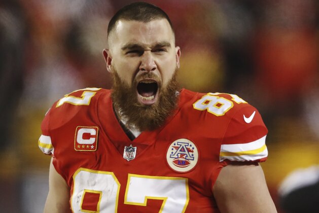 Kansas City Chiefs tight end Travis Kelce shouts on the sideline during the second half of the AFC Championship NFL football game against the New England Patriots, Sunday, Jan. 20, 2019, in Kansas City, Mo. (AP Photo/Charlie Neibergall)