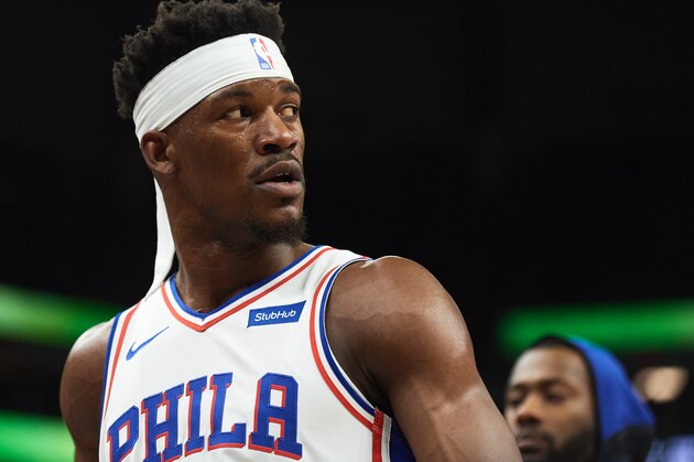 MINNEAPOLIS, MN - MARCH 30: Jimmy Butler #23 of the Philadelphia 76ers looks on during the game against the Minnesota Timberwolves on March 30, 2019 at the Target Center in Minneapolis, Minnesota. NOTE TO USER: User expressly acknowledges and agrees that, by downloading and or using this Photograph, user is consenting to the terms and conditions of the Getty Images License Agreement. (Photo by Hannah Foslien/Getty Images)