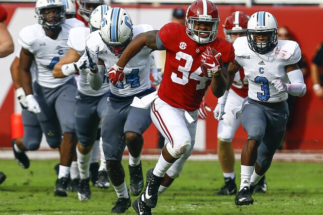 Alabama running back Damien Harris (34) carries the ball against Citadel during the second half of an NCAA college football game, Saturday, Nov. 17, 2018, in Tuscaloosa, Ala. (AP Photo/Butch Dill)