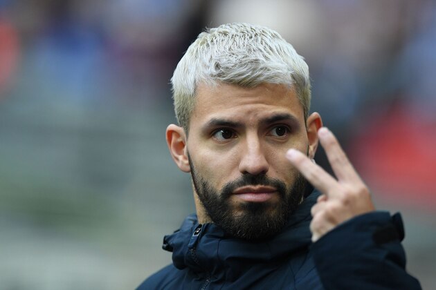 Manchester City's Argentinian striker Sergio Aguero gestures before the English FA Cup semi-final football match between Manchester City and Brighton and Hove Albion at Wembley Stadium in London, on April 6, 2019. (Photo by Daniel LEAL-OLIVAS / AFP) / NOT FOR MARKETING OR ADVERTISING USE / RESTRICTED TO EDITORIAL USE        (Photo credit should read DANIEL LEAL-OLIVAS/AFP/Getty Images)