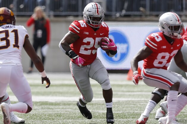 Ohio State running back Mike Weber plays against Minnesota during an NCAA college football game Saturday, Oct. 13, 2018, in Columbus, Ohio. (AP Photo/Jay LaPrete)