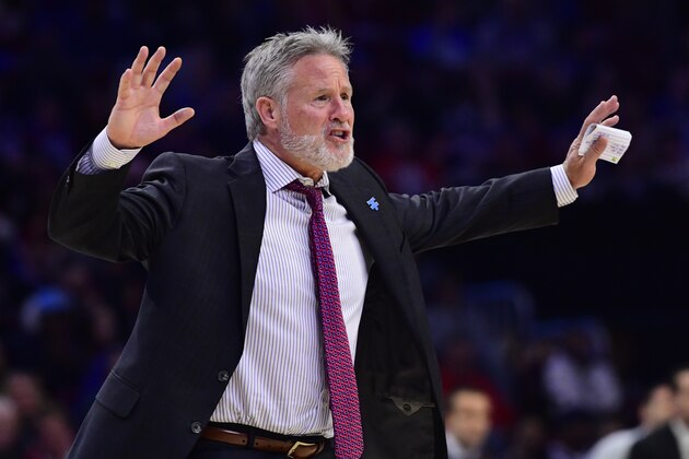 PHILADELPHIA, PA - MARCH 28: Head coach Brett Brown of the Philadelphia 76ers yells to his team during the fourth quarter at the Wells Fargo Center on March 28, 2019 in Philadelphia, Pennsylvania. The 76ers defeated the Nets 123-110. NOTE TO USER: User expressly acknowledges and agrees that, by downloading and or using this photograph, User is consenting to the terms and conditions of the Getty Images License Agreement. (Photo by Corey Perrine/Getty Images)
