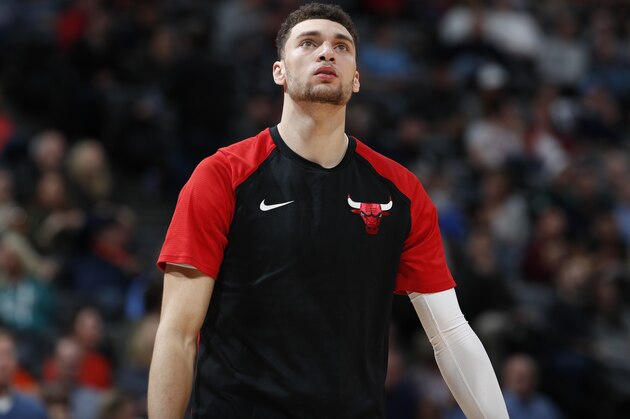 Chicago Bulls guard Zach LaVine (8) in the second half of an NBA basketball game Thursday, Jan. 17, 2019, in Denver. The Nuggets won 135-105. (AP Photo/David Zalubowski)