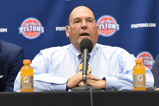 AUBURN HILLS, MI - JUNE 24: Detroit Pistons General Manager Jeff Bower introduces 2016 Draft Picks Henry Ellenson and Michael Gbinije at a press conference on June 24, 2016 at the Palace of Auburn Hills in Auburn Hills, Michigan. NOTE TO USER: User expressly acknowledges and agrees that, by downloading and/or using this photograph, User is consenting to the terms and conditions of the Getty Images License Agreement.  Mandatory Copyright Notice: Copyright 2016 NBAE (Photo by Allen Einstein/NBAE via Getty Images)