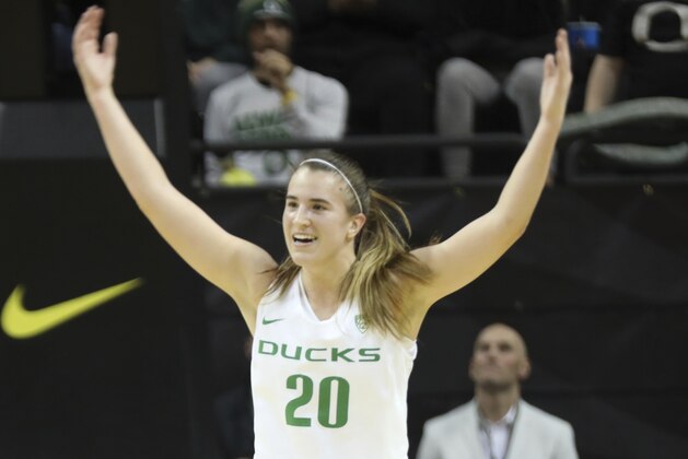University of Oregon guard Sabrina Ionescu reacts during an NCAA college basketball game against Mississippi State, Tuesday, Dec. 18, 2018, in Eugene, Ore. (AP Photo/Charlie Litchfield)