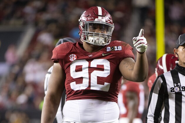 SANTA CLARA, CA - JANUARY 07: Quinnen Williams #92 of the Alabama Crimson Tide points to someone in the crowd during the College Football Playoff National Championship held at Levi's Stadium on January 7, 2019 in Santa Clara, California. The Clemson Tigers defeated the Alabama Crimson Tide 44-16. (Photo by Jamie Schwaberow/Getty Images)