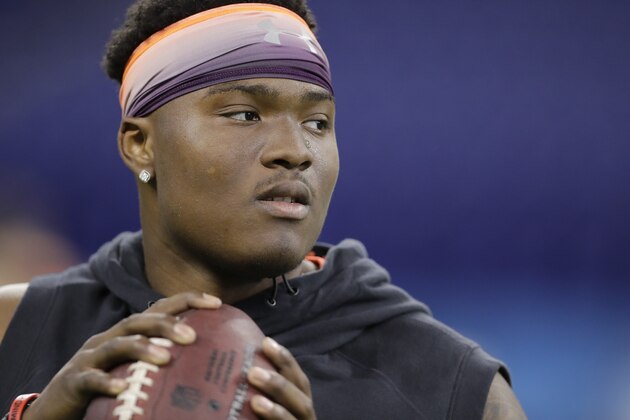 Ohio State quarterback Dwayne Haskins throws during a drill at the NFL football scouting combine, Saturday, March 2, 2019, in Indianapolis. (AP Photo/Darron Cummings)