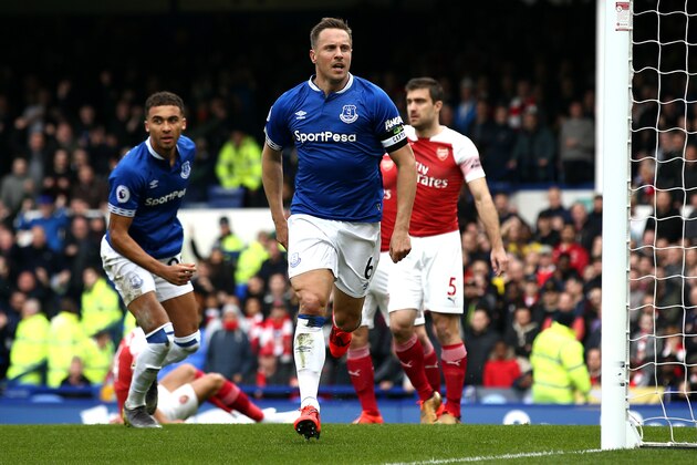 LIVERPOOL, ENGLAND - APRIL 07: Phil Jagielka of Everton celebrates after scoring his team's first goal during the Premier League match between Everton FC and Arsenal FC at Goodison Park on April 07, 2019 in Liverpool, United Kingdom. (Photo by Jan Kruger/Getty Images)