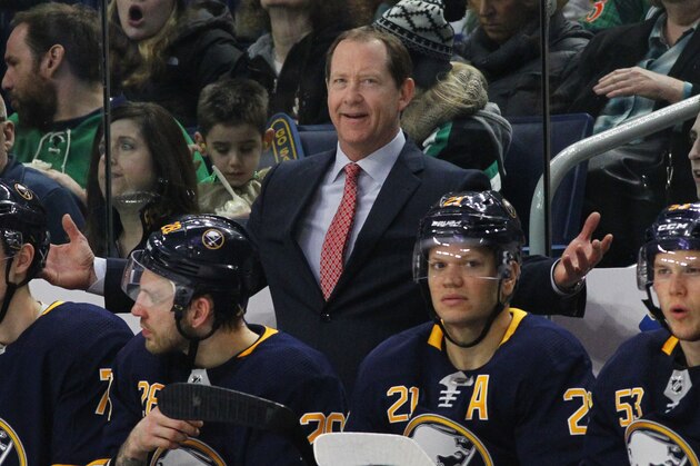 Buffalo Sabres coach Phil Housley gestures sduring the third period of the team's NHL hockey game against the St. Louis Blues, Sunday, March 17, 2019, in Buffalo, N.Y. (AP Photo/Jeffrey T. Barnes)