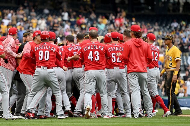 PITTSBURGH, PA - APRIL 07: Benches clear after Chris Archer #24 of the Pittsburgh Pirates throws behind Derek Dietrich #22 of the Cincinnati Reds in the fourth inning during the game at PNC Park on April 7, 2019 in Pittsburgh, Pennsylvania. (Photo by Justin Berl/Getty Images)