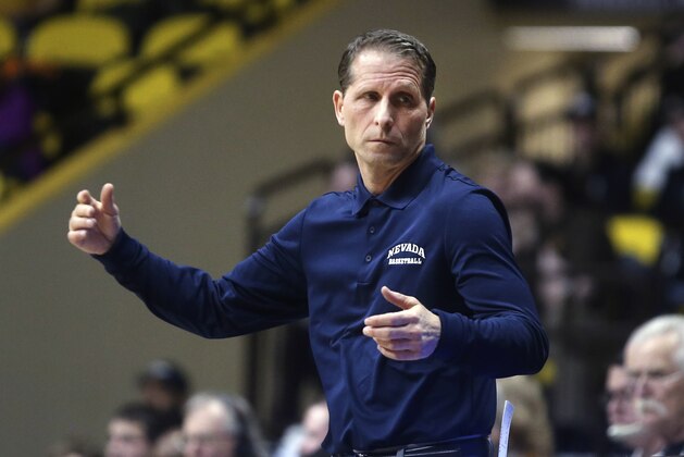 Nevada coach Eric Musselman reacts to a call during the first half of an NCAA college basketball game Saturday, Feb. 16, 2019, in Laramie, Wyo. (AP Photo/Jacob Byk)