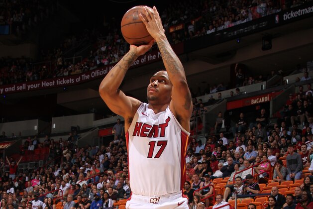 MIAMI, FL - MARCH 13: Rodney McGruder #17 of the Miami Heat shoots a three-pointer against the Detroit Pistons on March 13, 2019 at American Airlines Arena in Miami, Florida. NOTE TO USER: User expressly acknowledges and agrees that, by downloading and or using this Photograph, user is consenting to the terms and conditions of the Getty Images License Agreement. Mandatory Copyright Notice: Copyright 2019 NBAE (Photo by Oscar Baldizon/NBAE via Getty Images)