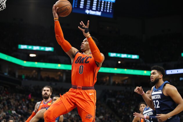 MINNEAPOLIS, MN -  APRIL 7 : Russell Westbrook #0 of the Oklahoma City Thunder drives to the basket during the game against the Minnesota Timberwolves on April 7, 2019 at Target Center in Minneapolis, Minnesota. NOTE TO USER: User expressly acknowledges and agrees that, by downloading and or using this Photograph, user is consenting to the terms and conditions of the Getty Images License Agreement. Mandatory Copyright Notice: Copyright 2019 NBAE (Photo by Jordan Johnson/NBAE via Getty Images)