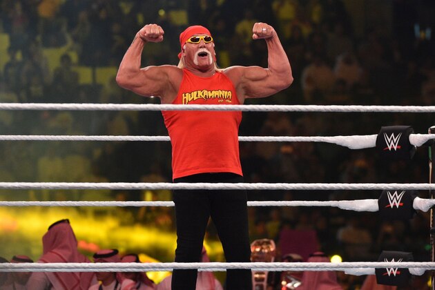 Wrestling legend Hulk Hogan greets the crowd during the World Wrestling Entertainment (WWE) Crown Jewel pay-per-view at the King Saud University Stadium in Riyadh on November 2, 2018. (Photo by Fayez Nureldine / AFP)        (Photo credit should read FAYEZ NURELDINE/AFP/Getty Images)