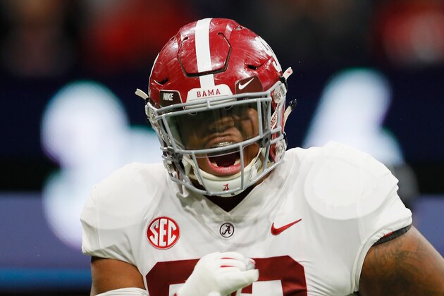 ATLANTA, GA - DECEMBER 01:  Quinnen Williams #92 of the Alabama Crimson Tide reacts after sacking Jake Fromm #11 of the Georgia Bulldogs (not pictured) in the first half during the 2018 SEC Championship Game at Mercedes-Benz Stadium on December 1, 2018 in Atlanta, Georgia.  (Photo by Kevin C. Cox/Getty Images)