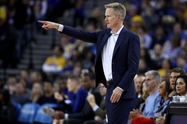 OAKLAND, CALIFORNIA - APRIL 05:  Head coach Steve Kerr of the Golden State Warriors directs his team against the Cleveland Cavaliers at ORACLE Arena on April 05, 2019 in Oakland, California.  NOTE TO USER: User expressly acknowledges and agrees that, by downloading and or using this photograph, User is consenting to the terms and conditions of the Getty Images License Agreement. (Photo by Ezra Shaw/Getty Images)