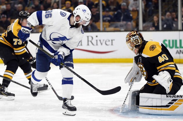 Tampa Bay Lightning's Nikita Kucherov (86) scores on Boston Bruins' Tuukka Rask (40) during the third period of an NHL hockey game in Boston, Saturday, April 6, 2019. (AP Photo/Michael Dwyer)