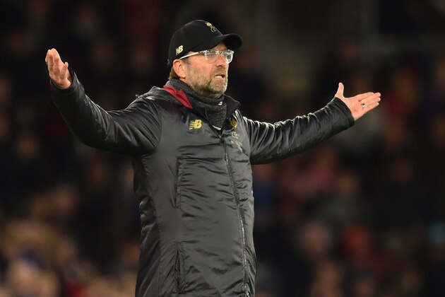 Liverpool's German manager Jurgen Klopp gestures on the touchline during the English Premier League football match between Southampton and Liverpool at St Mary's Stadium in Southampton, southern England on April 5, 2019. (Photo by Glyn KIRK / AFP) / RESTRICTED TO EDITORIAL USE. No use with unauthorized audio, video, data, fixture lists, club/league logos or 'live' services. Online in-match use limited to 120 images. An additional 40 images may be used in extra time. No video emulation. Social media in-match use limited to 120 images. An additional 40 images may be used in extra time. No use in betting publications, games or single club/league/player publications. /         (Photo credit should read GLYN KIRK/AFP/Getty Images)