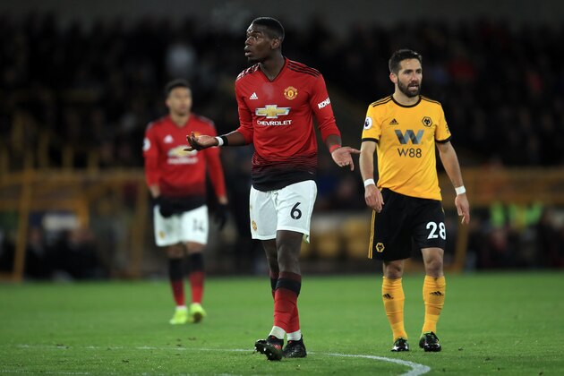 WOLVERHAMPTON, ENGLAND - APRIL 02:  Paul Pogba of Manchester United reacts during the Premier League match between Wolverhampton Wanderers and Manchester United at Molineux on April 2, 2019 in Wolverhampton, United Kingdom. (Photo by Marc Atkins/Getty Images)