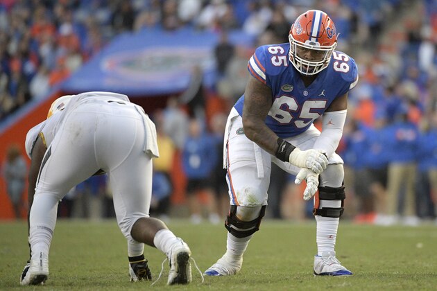 Florida offensive lineman Jawaan Taylor (65) sets up to block against Missouri defensive lineman Akial Byers, left, during the second half of an NCAA college football game Saturday, Nov. 3, 2018, in Gainesville, Fla. Missouri won 38-17. (AP Photo/Phelan M. Ebenhack)