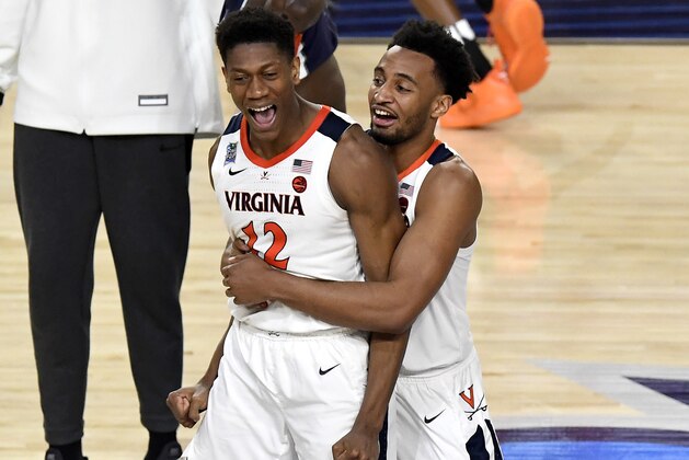 MINNEAPOLIS, MINNESOTA - APRIL 06: De'Andre Hunter #12 of the Virginia Cavaliers reacts after defeating the Auburn Tigers 63-62 during the 2019 NCAA Final Four semifinal at U.S. Bank Stadium on April 6, 2019 in Minneapolis, Minnesota. (Photo by Hannah Foslien/Getty Images)