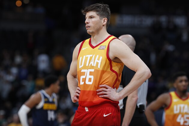 Utah Jazz guard Kyle Korver (26) in the second half of an NBA basketball game Thursday, Feb. 28, 2019, in Denver. The Jazz won 111-104. (AP Photo/David Zalubowski)