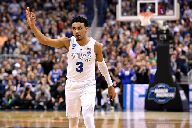 WASHINGTON, DC - MARCH 31: Tre Jones #3 of the Duke Blue Devils reacts in the first half against the Michigan State Spartans during the 2019 NCAA Men's Basketball Tournament East Regional Final at Capital One Arena on March 31, 2019 in Washington, DC. (Photo by Lance King/Getty Images)