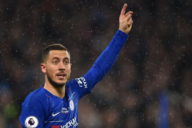 LONDON, ENGLAND - APRIL 08: Eden Hazard of Chelsea reacts during the Premier League match between Chelsea FC and West Ham United at Stamford Bridge on April 08, 2019 in London, United Kingdom. (Photo by Harriet Lander/Copa/Getty Images)