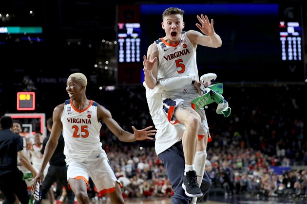 MINNEAPOLIS, MINNESOTA - APRIL 08:  Kyle Guy #5 of the Virginia Cavaliers celebrates his teams 85-77 win over the Texas Tech Red Raiders to win the the 2019 NCAA men's Final Four National Championship game at U.S. Bank Stadium on April 08, 2019 in Minneapolis, Minnesota. (Photo by Streeter Lecka/Getty Images)
