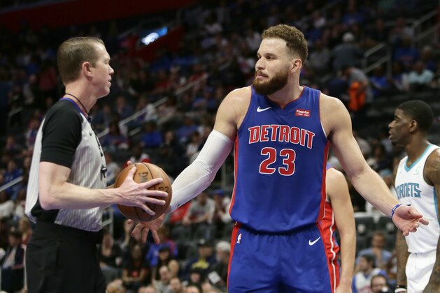 Detroit Pistons forward Blake Griffin (23) talks with NBA official Ed Malloy after being whistled for a foul during the fourth quarter of an NBA basketball game against the Charlotte Hornets Sunday, April 7, 2019, in Detroit. (AP Photo/Duane Burleson)