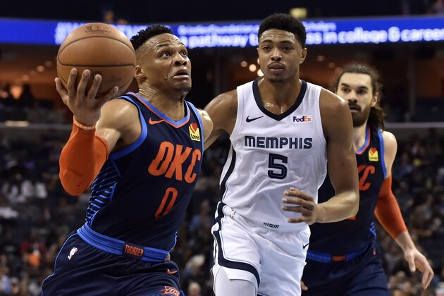 Oklahoma City Thunder guard Russell Westbrook (0) drives against Memphis Grizzlies forward Bruno Caboclo (5) during the second half of an NBA basketball game Monday, March 25, 2019, in Memphis, Tenn. (AP Photo/Brandon Dill)