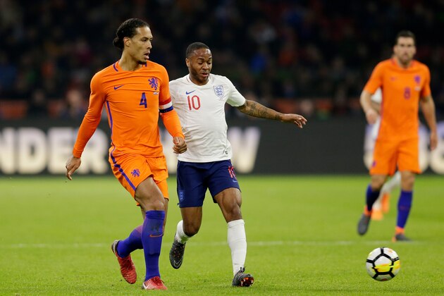 AMSTERDAM, NETHERLANDS - MARCH 23: (L-R) Virgil van Dijk of Holland, Raheem Sterling of England  during the  International Friendly match between Holland  v England  at the Johan Cruijff Arena on March 23, 2018 in Amsterdam Netherlands (Photo by Peter Lous/Soccrates/Getty Images)