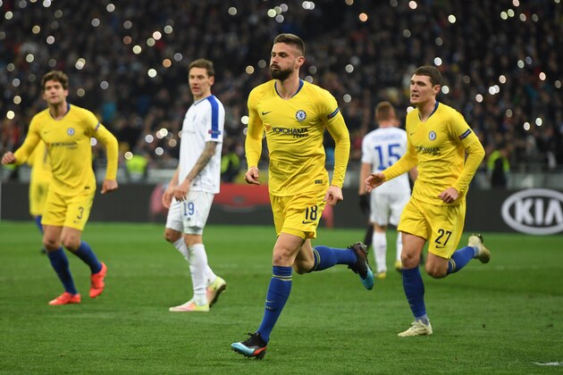 KIEV, UKRAINE - MARCH 14:  Olivier Giroud of Chelsea celebrates after scoring his third and his team's fourth goal during the UEFA Europa League Round of 16 Second Leg match between Dynamo Kyiv and Chelsea at NSC Olimpiyskiy Stadium on March 14, 2019 in Kiev, Ukraine. (Photo by Mike Hewitt/Getty Images)