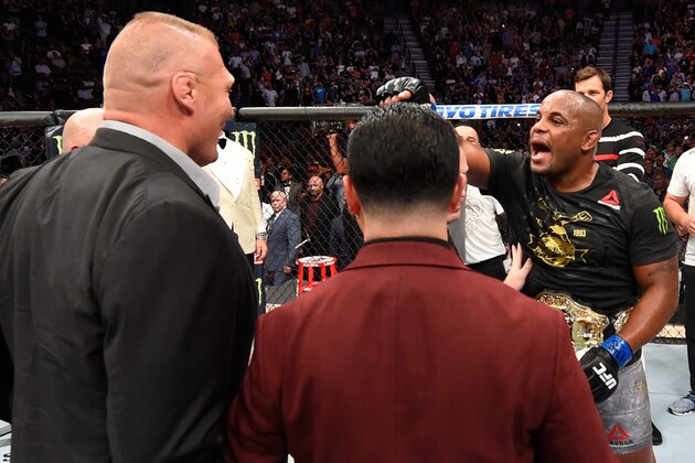 LAS VEGAS, NV - JULY 07:  Daniel Cormier confronts Brock Lesnar after his UFC heavyweight championship fight during the UFC 226 event inside T-Mobile Arena on July 7, 2018 in Las Vegas, Nevada.  (Photo by Josh Hedges/Zuffa LLC/Zuffa LLC via Getty Images)