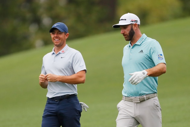 AUGUSTA, GEORGIA - APRIL 08:  Rory McIlroy of Northern Ireland and Dustin Johnson of the United States walk on the second hole during a practice round prior to The Masters at Augusta National Golf Club on April 08, 2019 in Augusta, Georgia. (Photo by Kevin C. Cox/Getty Images)