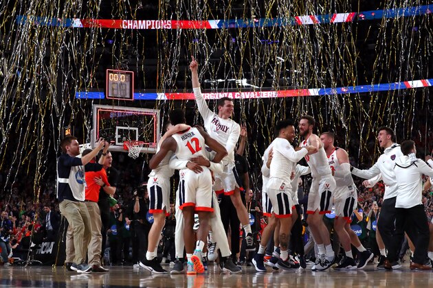 MINNEAPOLIS, MINNESOTA - APRIL 08:  The Virginia Cavaliers celebrate their teams 85-77 win over the Texas Tech Red Raiders to win the the 2019 NCAA men's Final Four National Championship game at U.S. Bank Stadium on April 08, 2019 in Minneapolis, Minnesota. (Photo by Tom Pennington/Getty Images)