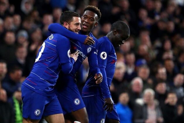 LONDON, ENGLAND - APRIL 03: Eden Hazard of Chelsea FC celebrates scoring his team's second goal with Callum Hudson-Odoi and N'Golo Kante during the Premier League match between Chelsea FC and Brighton and Hove Albion at Stamford Bridge on April 3, 2019 in London, England. (Photo by Chloe Knott - Danehouse/Getty Images)