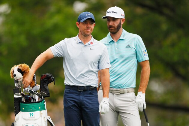 AUGUSTA, GEORGIA - APRIL 08:  Rory McIlroy of Northern Ireland and Dustin Johnson of the United States prepare to play form the fourth tee during a practice round prior to The Masters at Augusta National Golf Club on April 08, 2019 in Augusta, Georgia. (Photo by Kevin C. Cox/Getty Images)