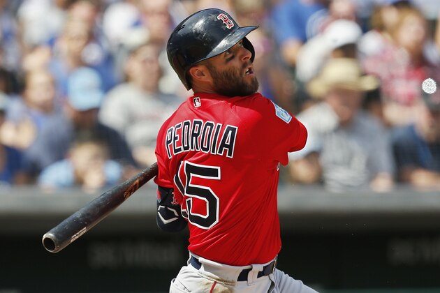 Boston Red Sox's Dustin Pedroia flies out to right field in the second inning of a spring training baseball game against the Chicago Cubs Tuesday, March 26, 2019, in Mesa, Ariz. (AP Photo/Sue Ogrocki)