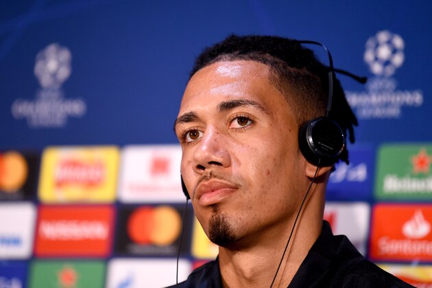 MANCHESTER, ENGLAND - APRIL 09: Chris Smalling of Manchester United speaks to the media during the Manchester United Press Conference ahead of the UEFA Champions League Quarter Final First Leg match between Manchester United v FC Barcelona at Old Trafford on April 09, 2019 in Manchester, England. (Photo by Nathan Stirk/Getty Images)