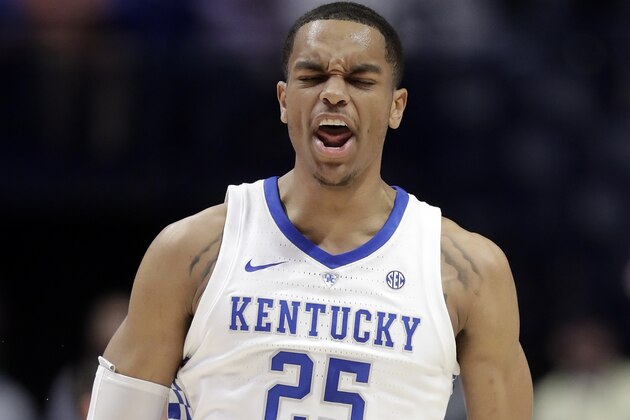 Kentucky forward PJ Washington celebrates after a score against Alabama in the first half of an NCAA college basketball game at the Southeastern Conference tournament Friday, March 15, 2019, in Nashville, Tenn. (AP Photo/Mark Humphrey)