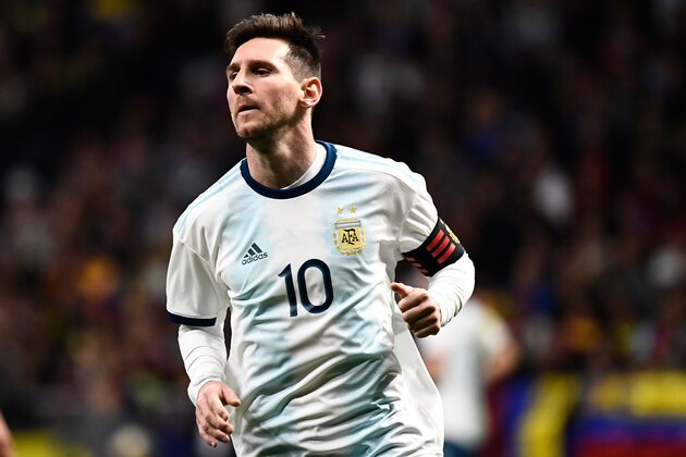 Argentina's forward Lionel Messi reacts during an international friendly football match between Argentina and Venezuela at the Wanda Metropolitano stadium in Madrid on March 22, 2019 in preparation for the Copa America to be held in Brazil in June and July 2019. (Photo by PIERRE-PHILIPPE MARCOU / AFP)        (Photo credit should read PIERRE-PHILIPPE MARCOU/AFP/Getty Images)