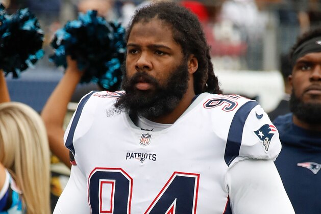NASHVILLE, TN - NOVEMBER 11:  Adrian Clayborn #94 leaves the field after the first half of a game against the Tennessee Titans at Nissan Stadium on November 11, 2018 in Nashville, Tennessee.  (Photo by Frederick Breedon/Getty Images)