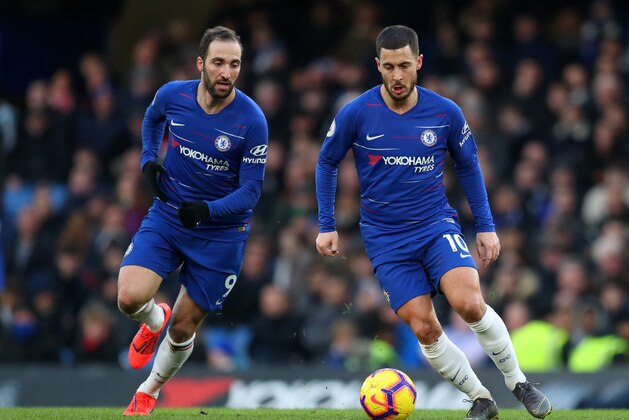 LONDON, ENGLAND - FEBRUARY 02: Gonzalo Higuain of Chelsea and Eden Hazard of Chelsea  during the Premier League match between Chelsea FC and Huddersfield Town at Stamford Bridge on February 02, 2019 in London, United Kingdom. (Photo by Catherine Ivill/Getty Images)