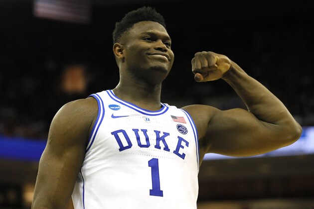 COLUMBIA, SOUTH CAROLINA - MARCH 22:  Zion Williamson #1 of the Duke Blue Devils reacts after scoring a basket and drawing a foul against the North Dakota State Bison in the second half during the first round of the 2019 NCAA Men's Basketball Tournament at Colonial Life Arena on March 22, 2019 in Columbia, South Carolina. (Photo by Kevin C. Cox/Getty Images)