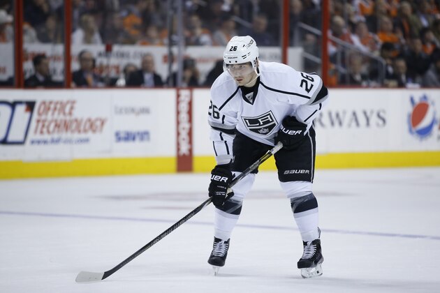 Los Angeles Kings' Slava Voynov in action during an NHL hockey game against the Philadelphia Flyers, Monday, March 24, 2014, in Philadelphia. (AP Photo/Matt Slocum)